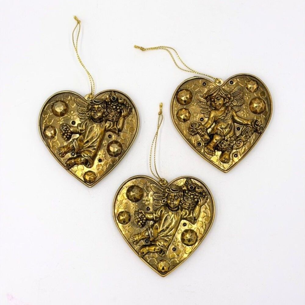 Vintage Gold Metal Heart Cherub Angel Ornaments Set of 3 Victorian Style